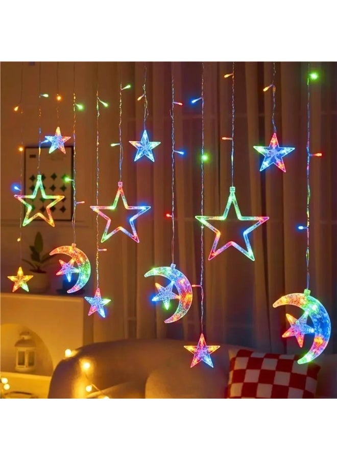 3.5m Star Moon Curtain String Light, LED Christmas Fairy Lights, Waterproof Hanging Window Star Moon Night Light for Ramadan, Christmas, Wedding, Party, Home, Terrace, Lawn (Multicolor)